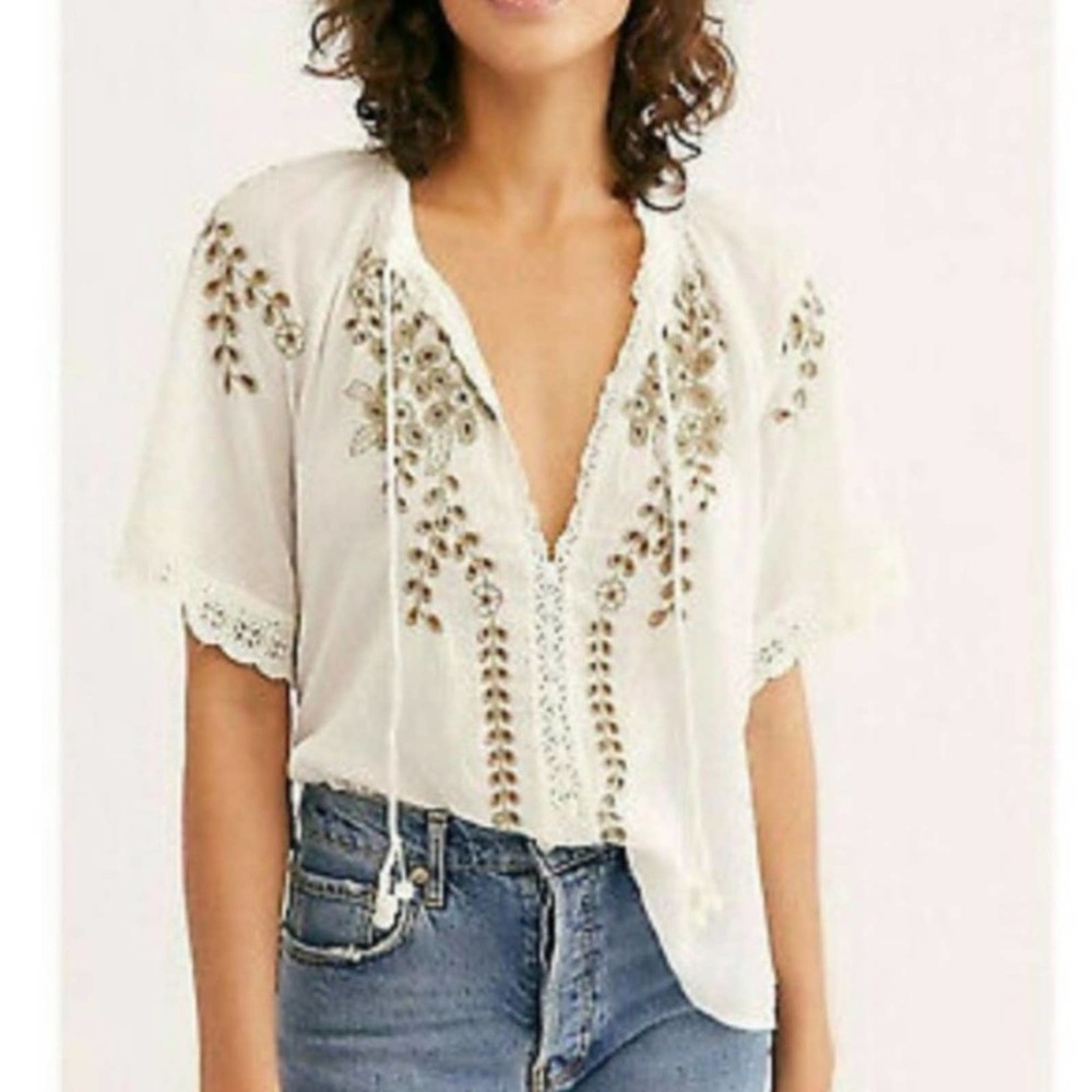 Free People White Embroidered V-Neck Boho Top